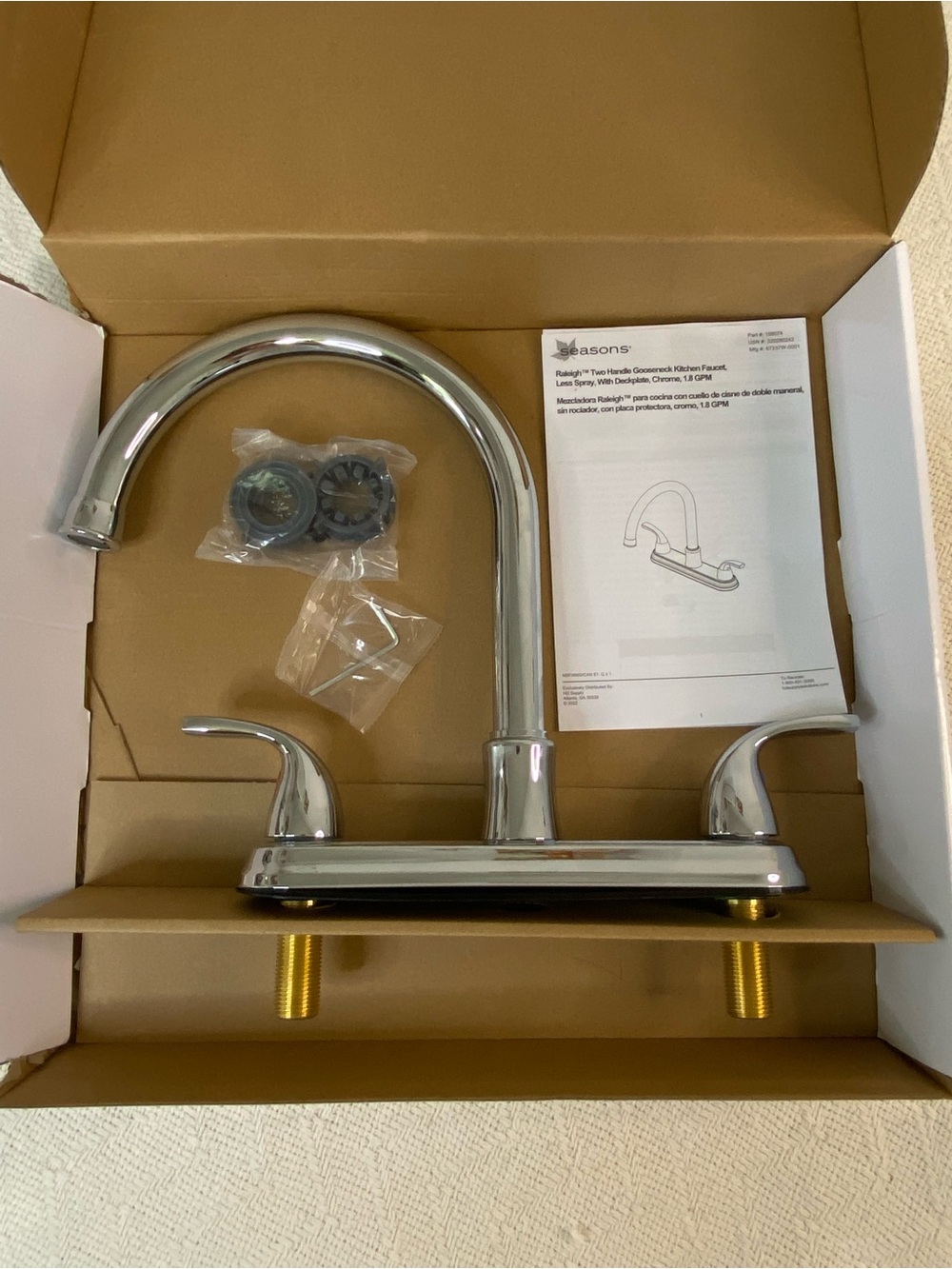 Seasons Raleigh Two Handle Gooseneck Kitchen Faucet Chrome 1.8GPM Deck Plate New